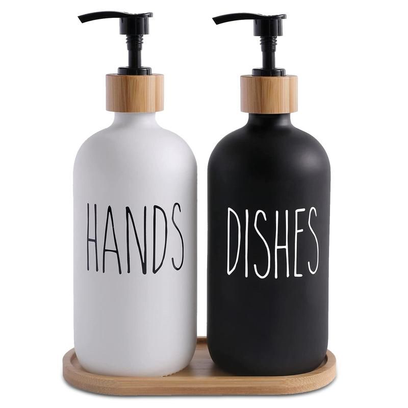 Glass Soap Dispenser Set: 500ml With Wood Tray For Home Bath
