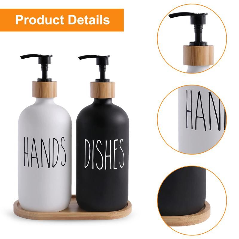 Glass Soap Dispenser Set: 500ml With Wood Tray For Home Bath