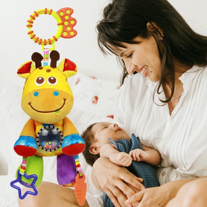 Cute Cartoon Animal Hanging Baby Rattles With Teether For Crib Yellow