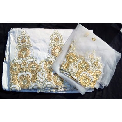7 Yards Embroidered & Beaded Indian Lace George with Blouse - White