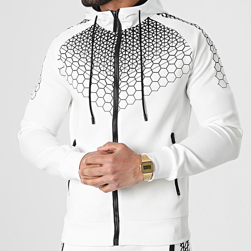 Mens 2 Pieces  Set Tracksuit Hooded Sweatshirt Jacket White
