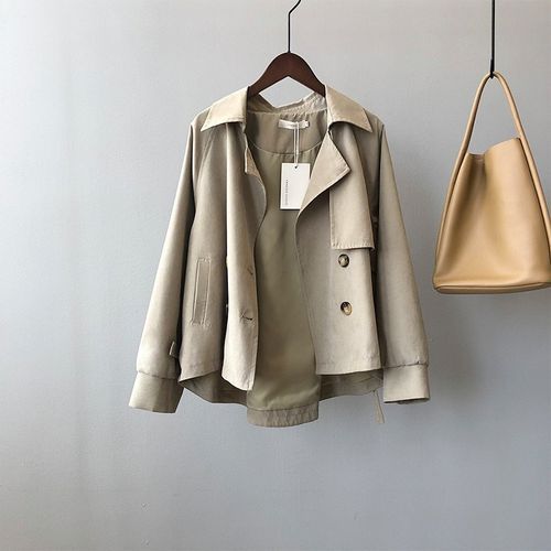Ladies Retro Short Loose Windbreaker Jacket - Khaki