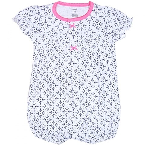 Girls' White Anchor Printed Romper with Bubble Sleeves