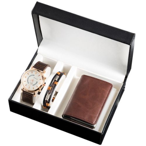 Gift Set - Wrist Watch, Bracelet & Card Case -Black + Gift Box - Brown