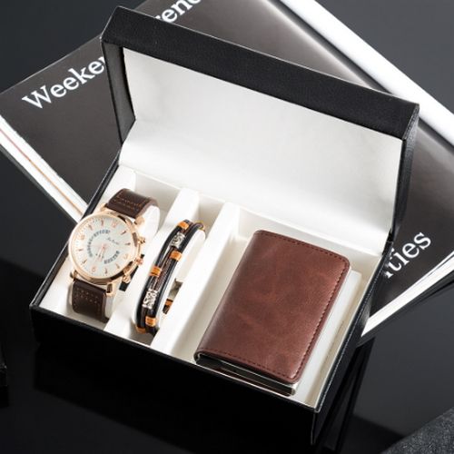 Gift Set - Wrist Watch, Bracelet & Card Case -Black + Gift Box - Brown