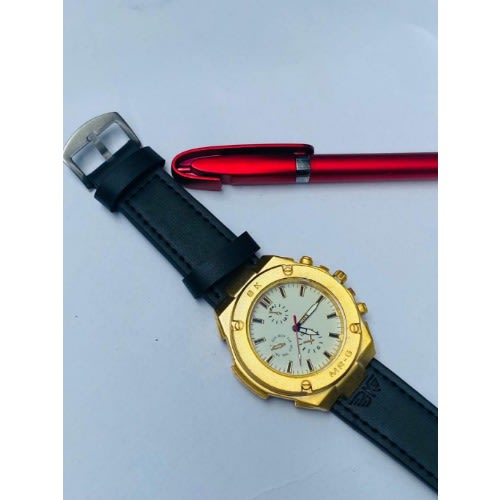 Leather Men Wristwatch + Office Pen