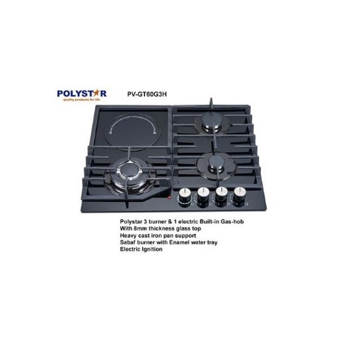 3 In-built Gas Burners + 1 Hot Plate Gas Hob - Pv-gt60g3h