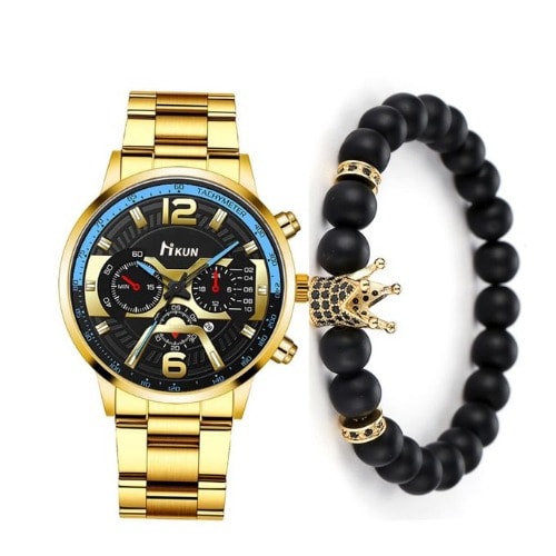 Men Stainless Steel Wristwatch & Crown Bracelet- Gold