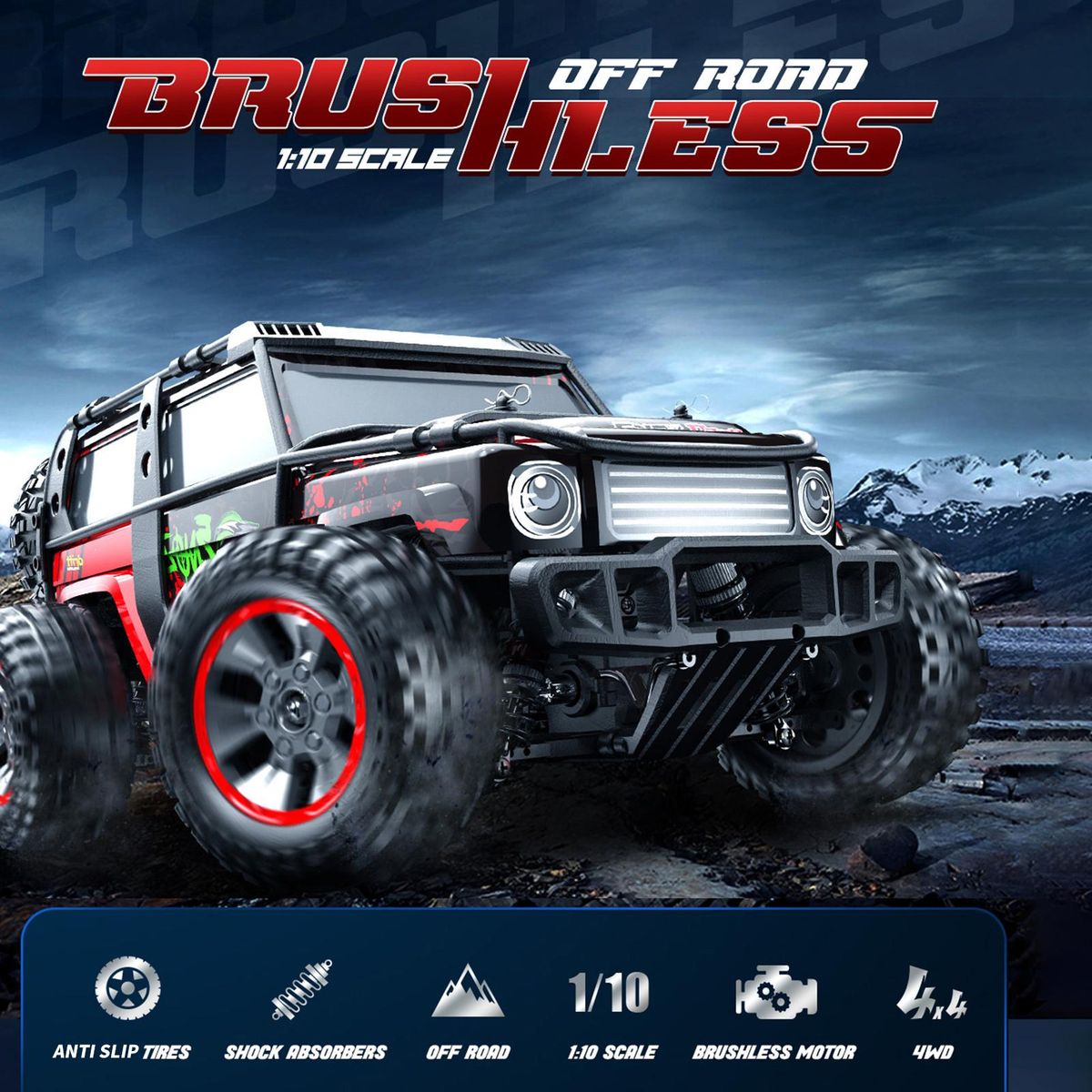 Remote Control Car 1/10 2.4GHz High Speed 65km/h All Terrain Off Road Trucks 4WD Brushless Motor Vehicle Racing Climbing Car Gifts for Kids Adults with 2 Battery