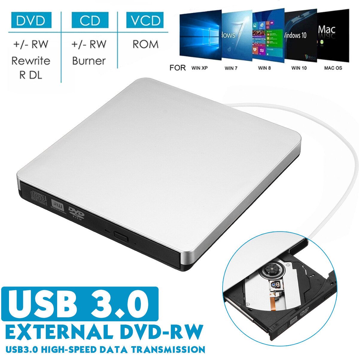 External Portable USB 3.0 CD DVD RW Laptop PC Writer Reader Hard Drive Black Baffle