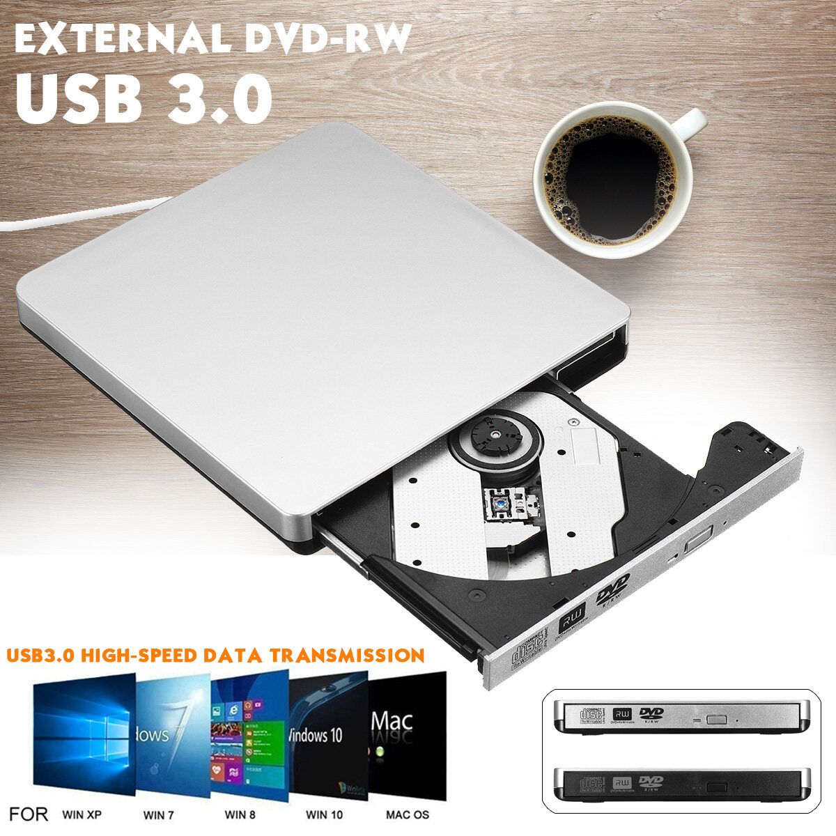 External Portable USB 3.0 CD DVD RW Laptop PC Writer Reader Hard Drive Black Baffle