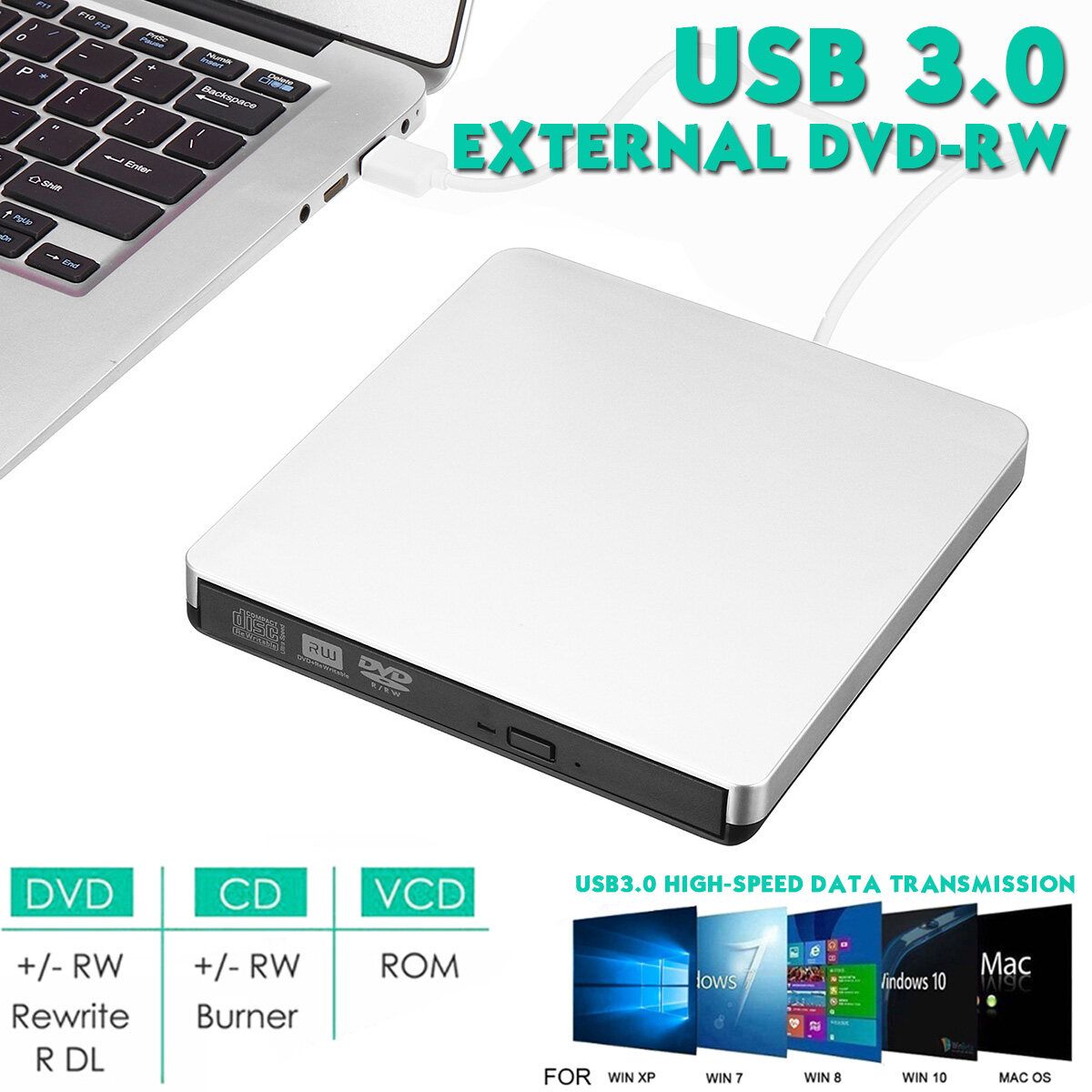 External Portable USB 3.0 CD DVD RW Laptop PC Writer Reader Hard Drive Black Baffle