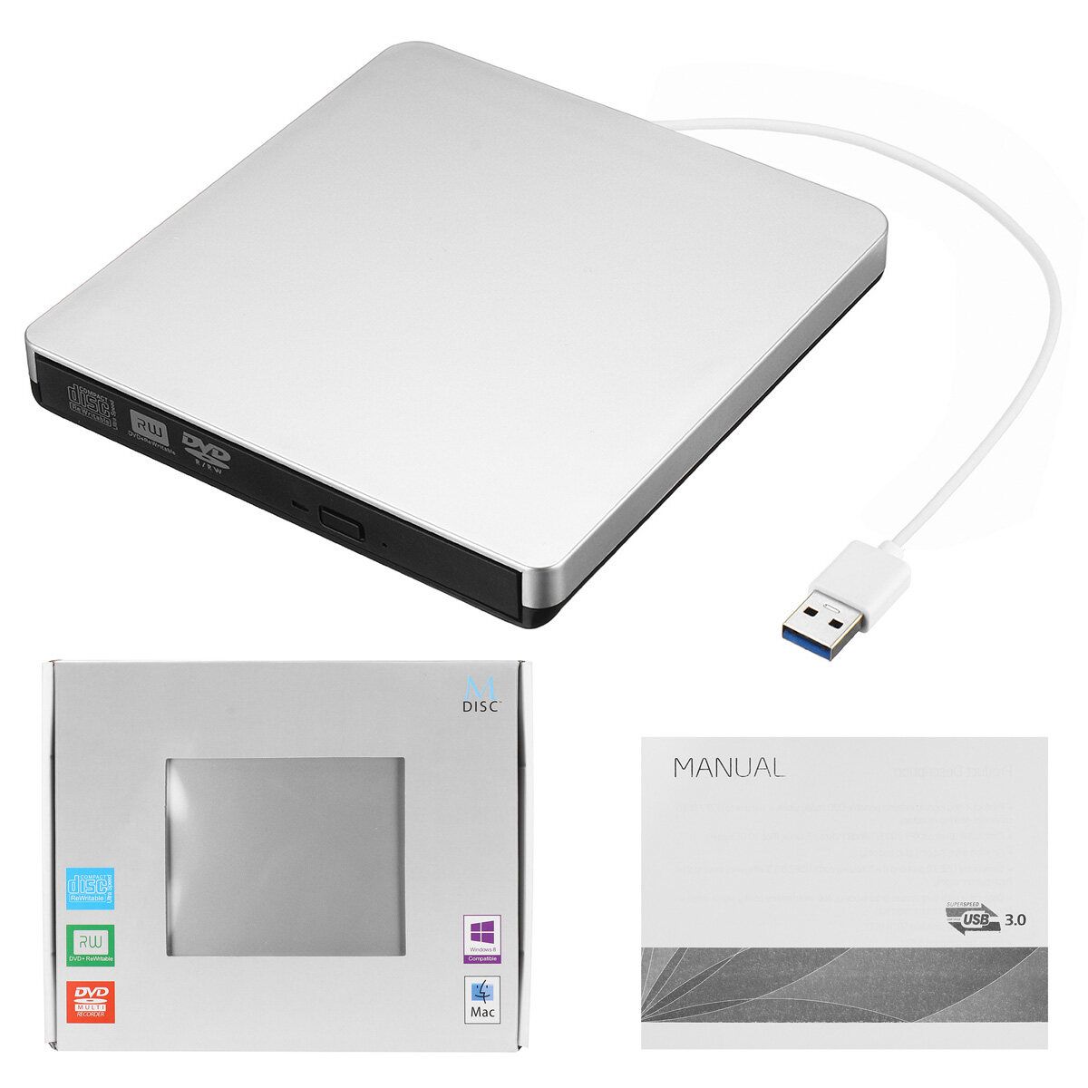 External Portable USB 3.0 CD DVD RW Laptop PC Writer Reader Hard Drive Black Baffle
