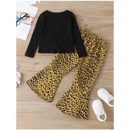 2 Pieces Kid Girl Ribbed Ruched Front Top And Leopard Flared Pants Set