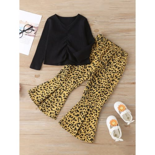 2 Pieces Kid Girl Ribbed Ruched Front Top And Leopard Flared Pants Set