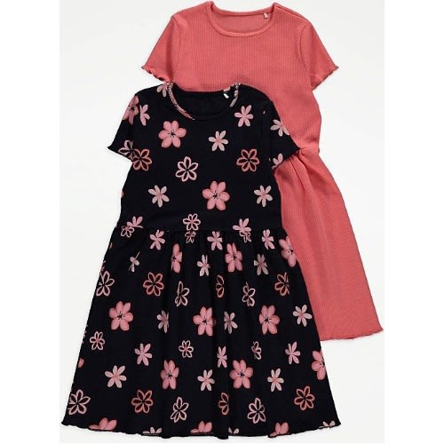 2 Pack Flowery Girl's Dress - Black/coral