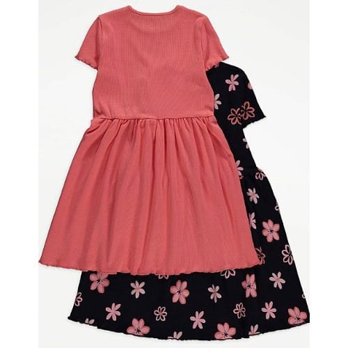 2 Pack Flowery Girl's Dress - Black/coral