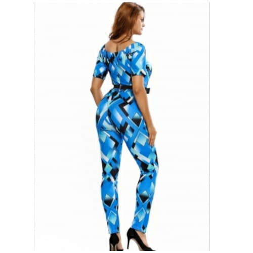 Emfed- Bluish Geometric Print Belted Off Shoulder Jumpsuit