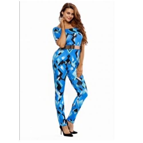 Emfed- Bluish Geometric Print Belted Off Shoulder Jumpsuit