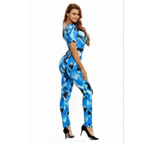 Emfed- Bluish Geometric Print Belted Off Shoulder Jumpsuit