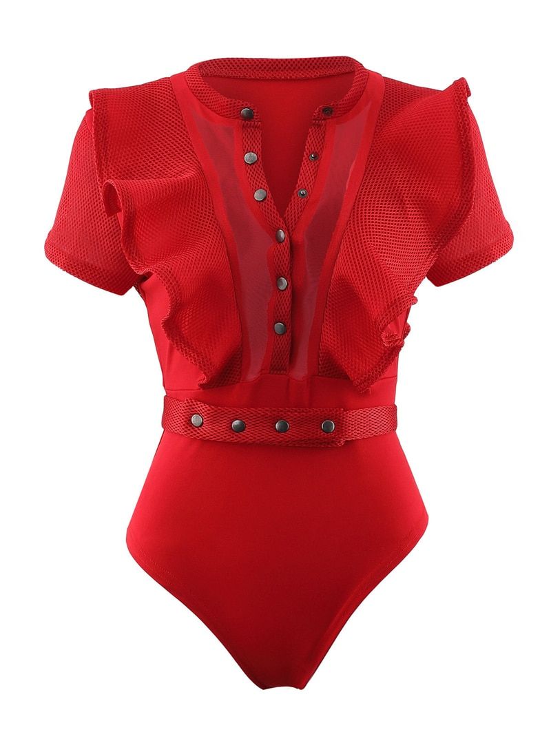 Ruffle Buttons Sheer Mesh Bodysuit(#white Bodysuit)