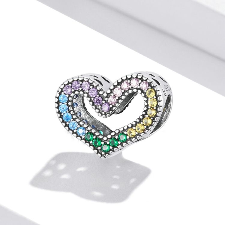 S925 Sterling Silver Rainbow Heart Beads
