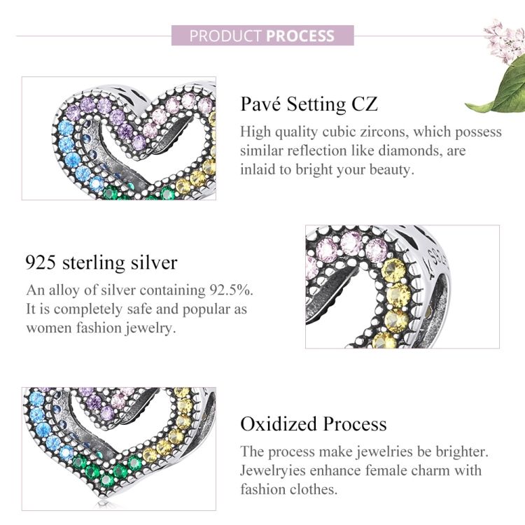 S925 Sterling Silver Rainbow Heart Beads