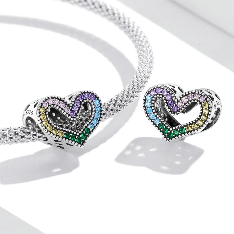 S925 Sterling Silver Rainbow Heart Beads