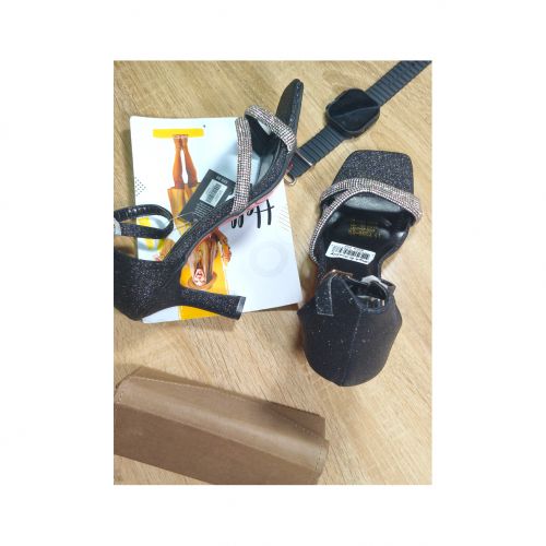 Ladies Glitter Ankle Heels Sandals -Black/Silver
