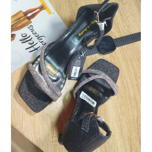 Ladies Glitter Ankle Heels Sandals -Black/Silver
