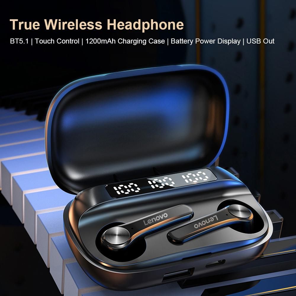 Lenovo QT81 Bluetooth 5.1 TWS Earbuds True Wireless Headphones Touch Control 1200mAh Charging Box Battery Power Display Sweatproof Sports Headset with Mic USB Output