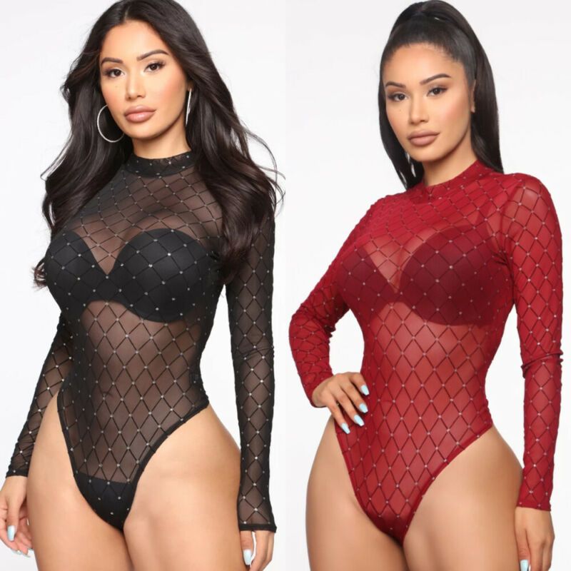Y Bodysuit For Women Long Sleeve See Throug Mesh Leotard Body Romper Jumpsuits T-Shirt Tops Streetwear Black 4 BA