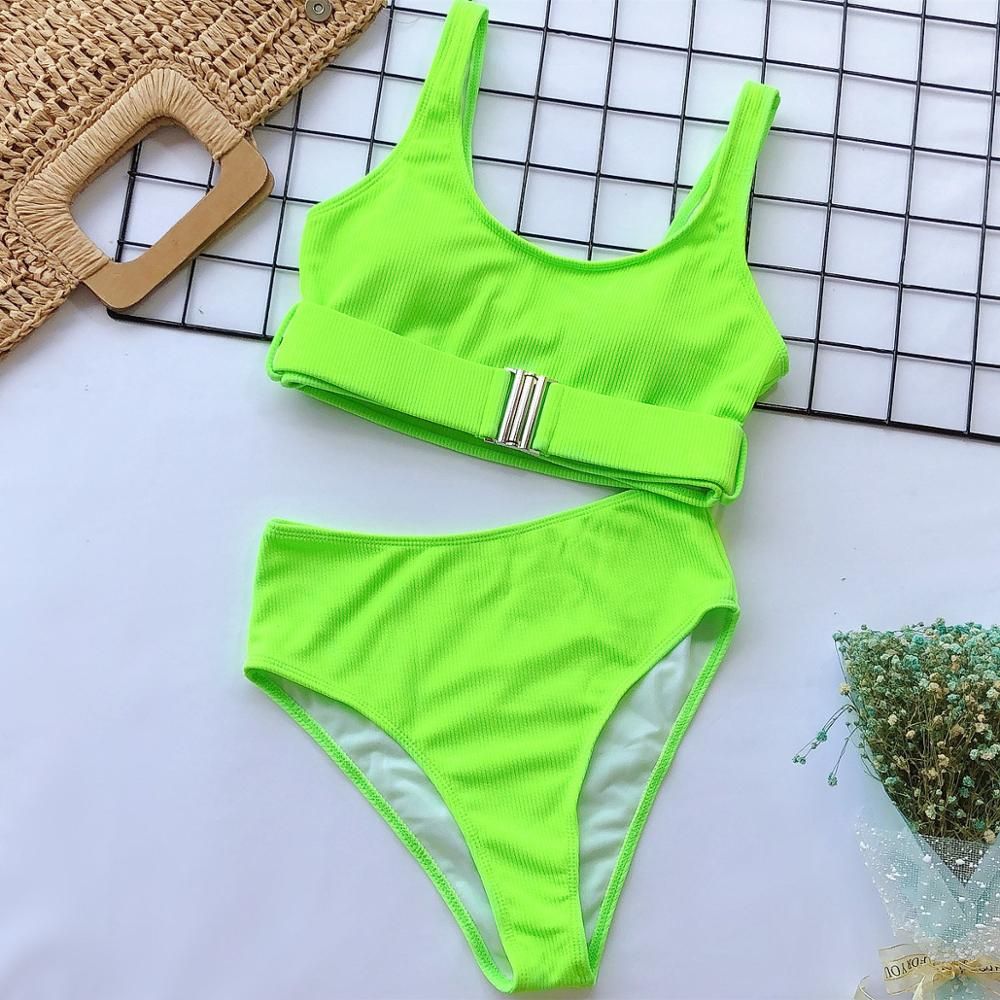 New High Waist Women Swimwear Bandeau Push Up Bikini Set Buckle Bathing Suit Beach Wear Swimming Suit L1 KIP