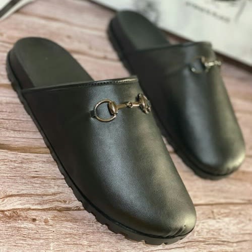 Classy Male Black Leather Cover Mule