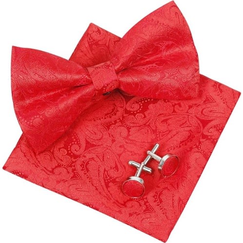 Men's Floral Bowtie With Cufflinks And Pocket Square  - Red