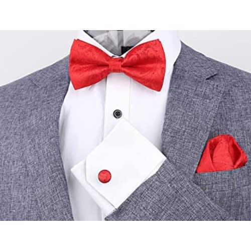 Men's Floral Bowtie With Cufflinks And Pocket Square  - Red