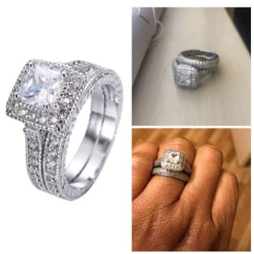 2 Pieces Cubic Zirconia Big Stone Engagement & Wedding Ring
