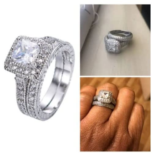 2 Pieces Cubic Zirconia Big Stone Engagement & Wedding Ring