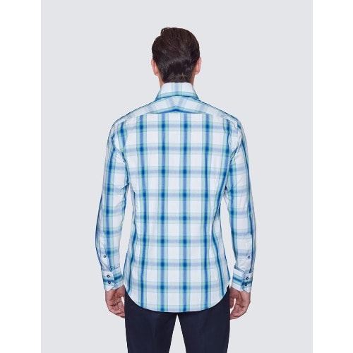 Check Relaxed Slim Fit Shirt - High Collar - Large  - White & Green