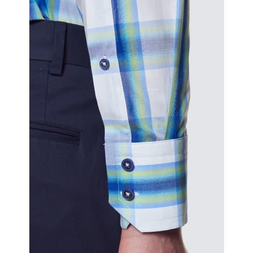 Check Relaxed Slim Fit Shirt - High Collar - Large  - White & Green