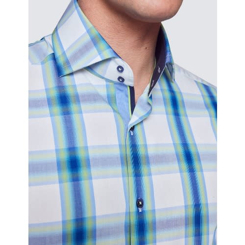 Check Relaxed Slim Fit Shirt - High Collar - Large  - White & Green
