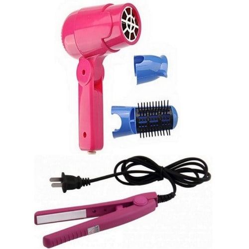 2-in-1 Mini Hair Dryer With Roller + Travel Hair Perming Straightener - Pink
