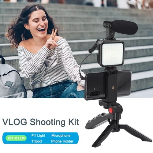 3in1 Vlogging Kit Led Video Light Tripod Phone Holder + Microphone