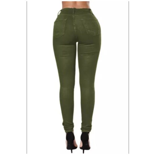 Ladies Slit Knee Denim Pants - Olive Green