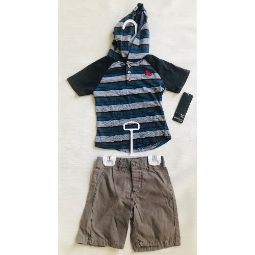 Boys Tshirt And Short Set- Grey And Blue Striped