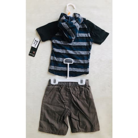 Boys Tshirt And Short Set- Grey And Blue Striped