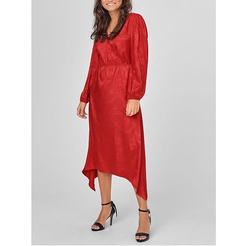 Dipped Hem Mock Wrap Jacquard Satin Dress - Red Nadia