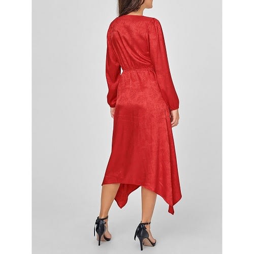 Dipped Hem Mock Wrap Jacquard Satin Dress - Red Nadia
