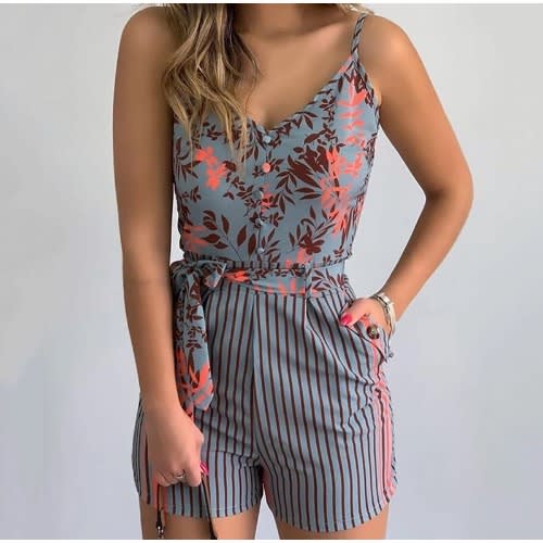 Floral Striped Print Playsuit- Blue