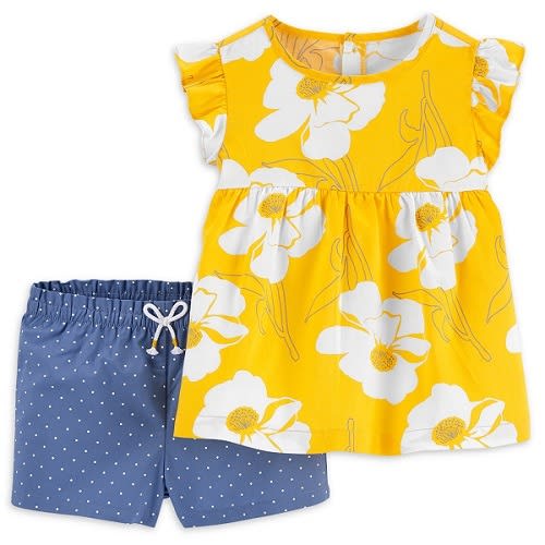 Child Of Mine Girls Flutter Sleeve Top & Shorts - Outfit Set- Yellow/Blue
